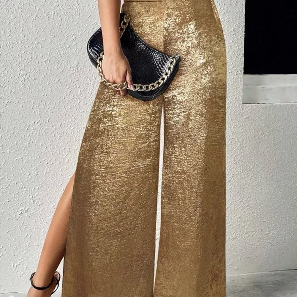 Golden Wide-Leg Metallic Palazzo Pants - Picture 7 of 9